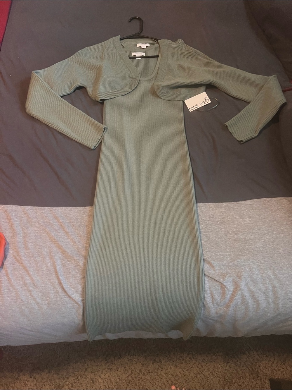 Nine West Olive Ribbed Long Sleeve Dress with Cropped Bolero